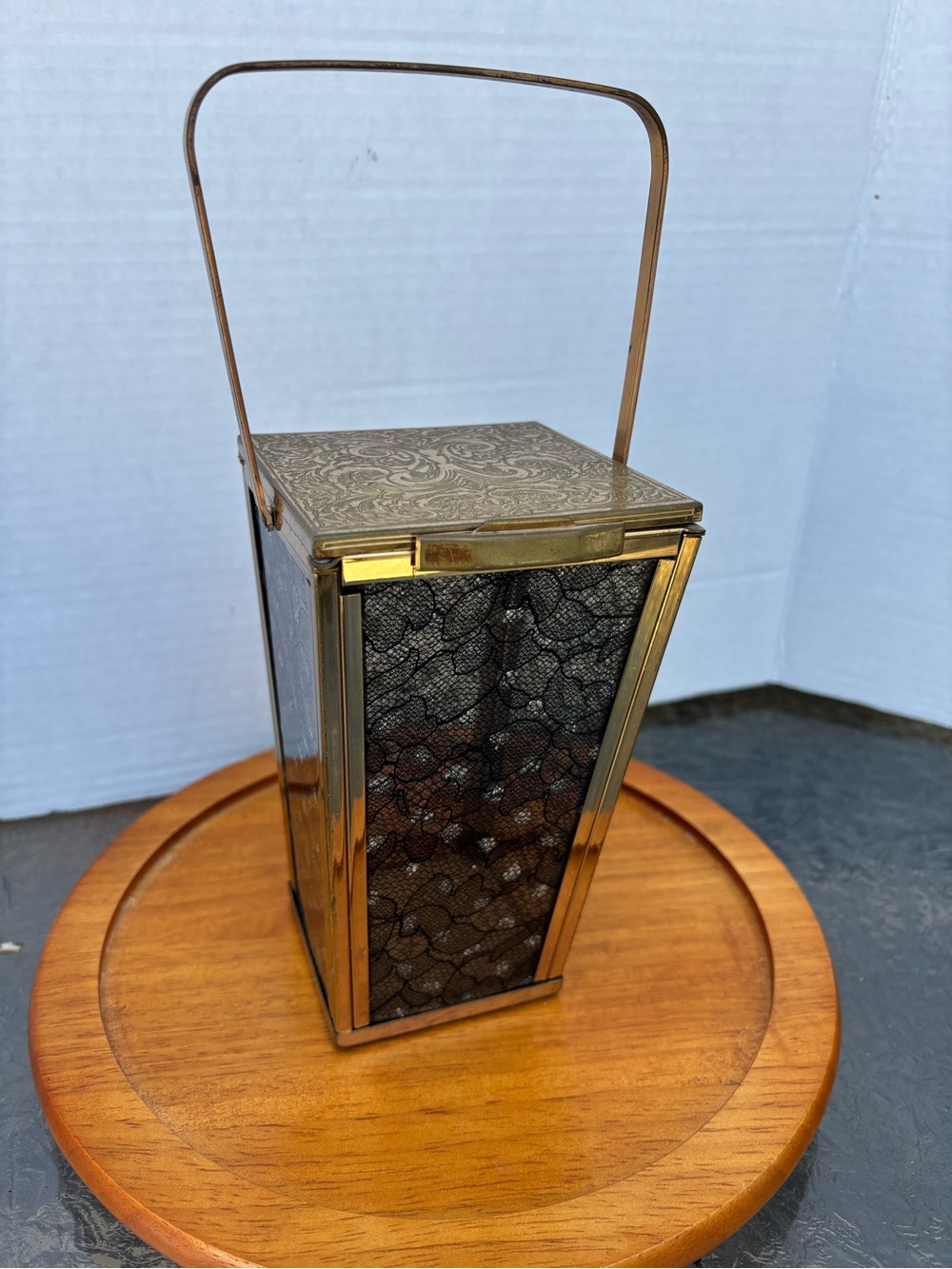 Majestic Vintage Gold Tone Hinged & Black Lace Panel Lucite Lantern